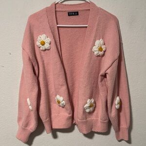 Pink Women's Sweater with Knitted Flowers - Medium